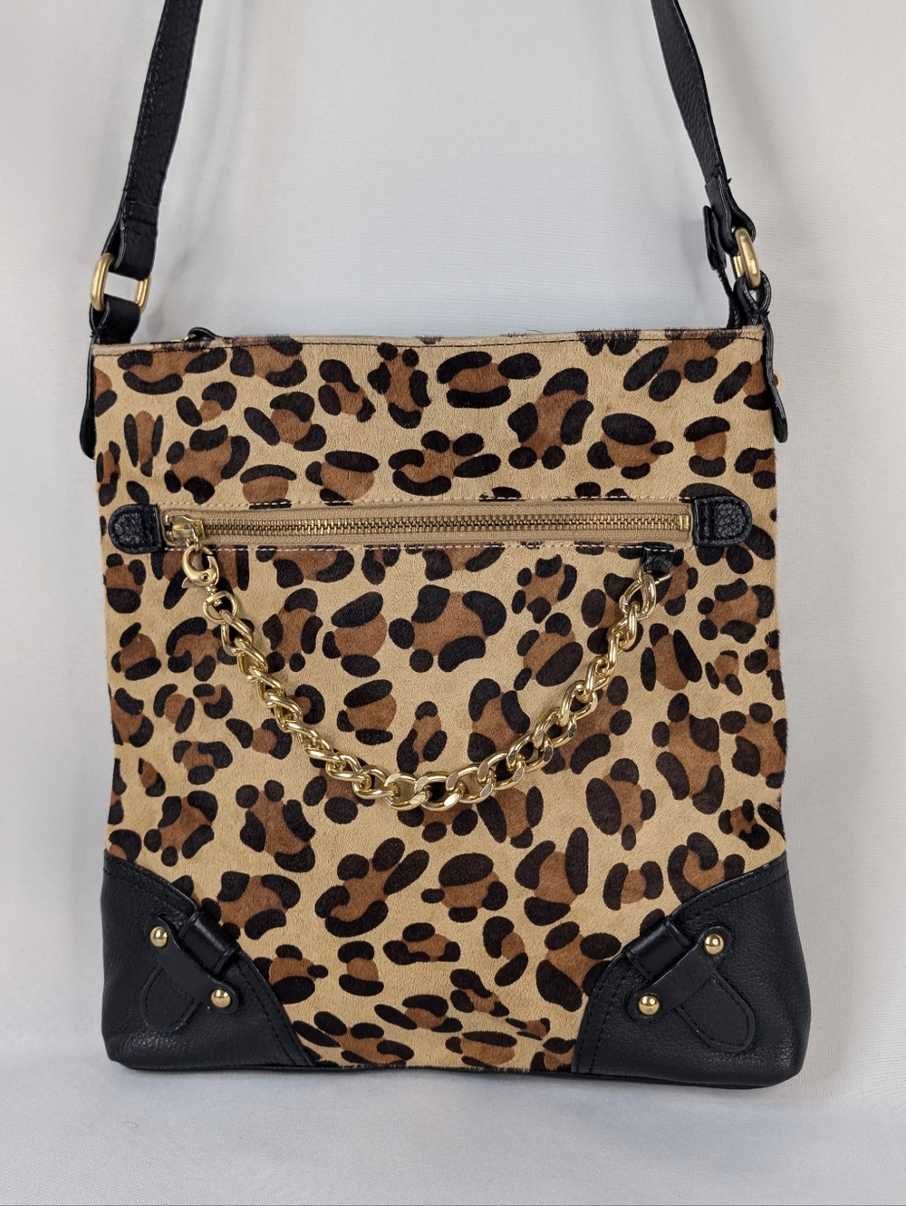 Luce Leopard Print Chain Crossbody Bag Genuine Calf Hair Leather Large Womens